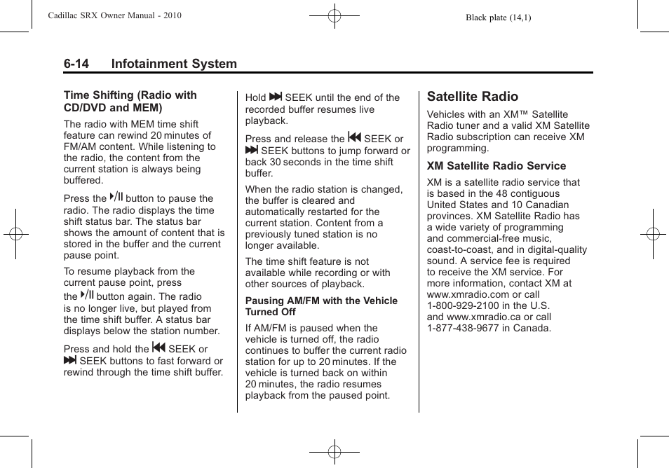 Satellite radio, Satellite radio -14, Rear seat audio | Cadillac 2010 SRX User Manual | Page 180 / 468