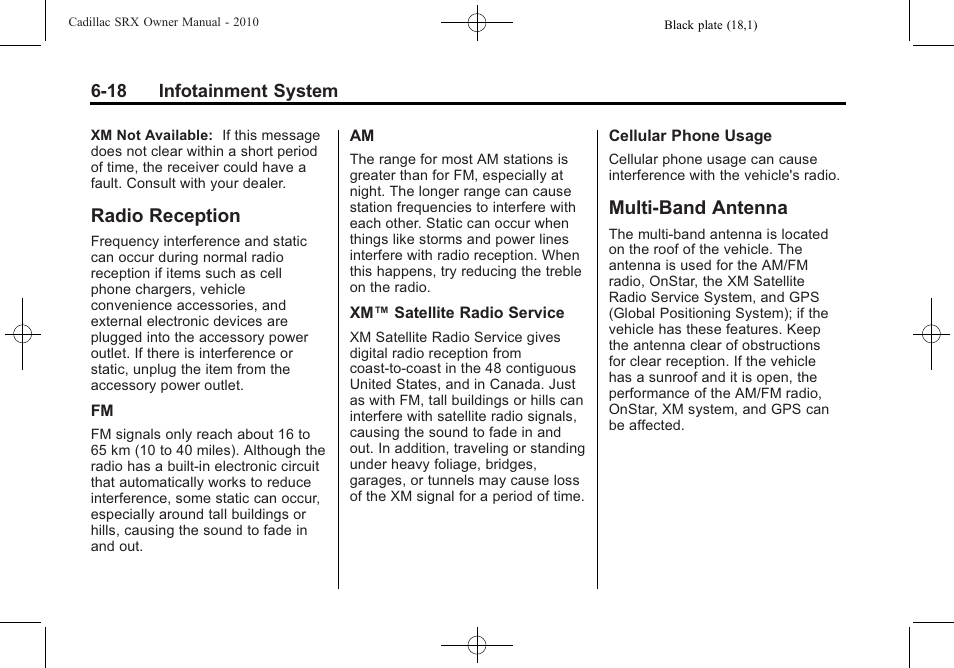 Radio reception, Multi-band antenna, Radio reception -18 multi-band antenna -18 | System | Cadillac 2010 SRX User Manual | Page 184 / 468