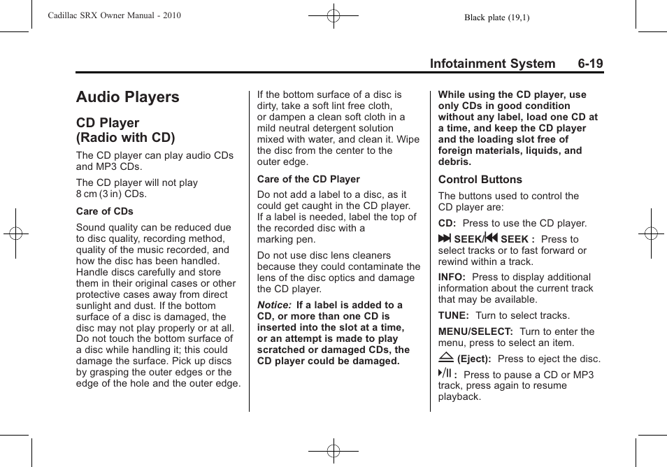 Audio players, Cd player (radio with cd), Cd player | Radio with cd ) -19, Read the | Cadillac 2010 SRX User Manual | Page 185 / 468
