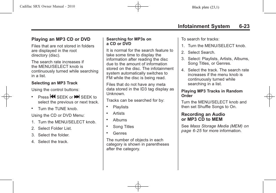 Infotainment system 6-23 | Cadillac 2010 SRX User Manual | Page 189 / 468