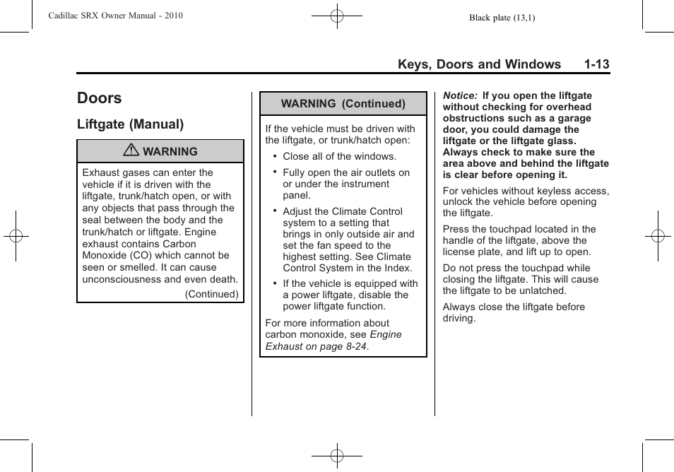 Doors, Liftgate (manual), Doors -13 | Controls, Liftgate (manual) -13, Keys, doors and windows 1-13 | Cadillac 2010 SRX User Manual | Page 19 / 468