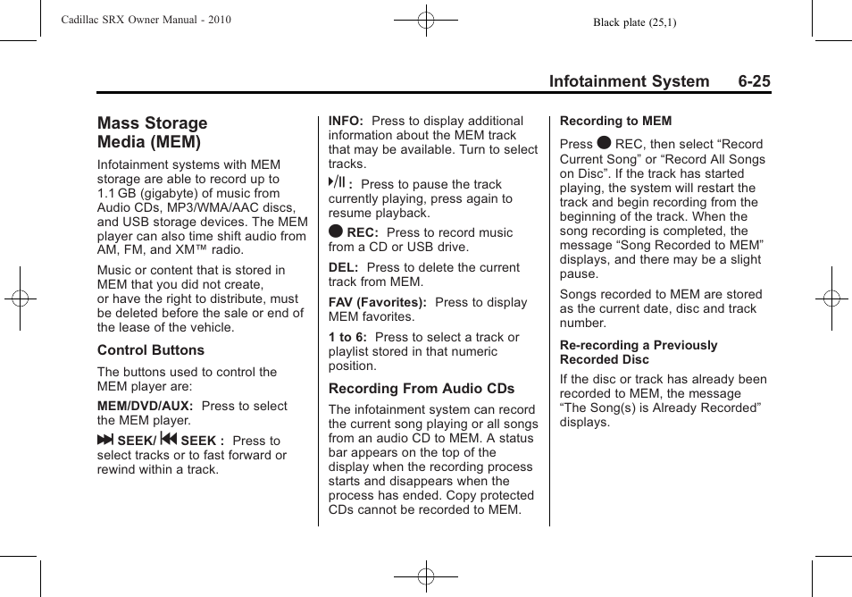 Mass storage media (mem), Mass storage, Media (mem) -25 | Cadillac 2010 SRX User Manual | Page 191 / 468