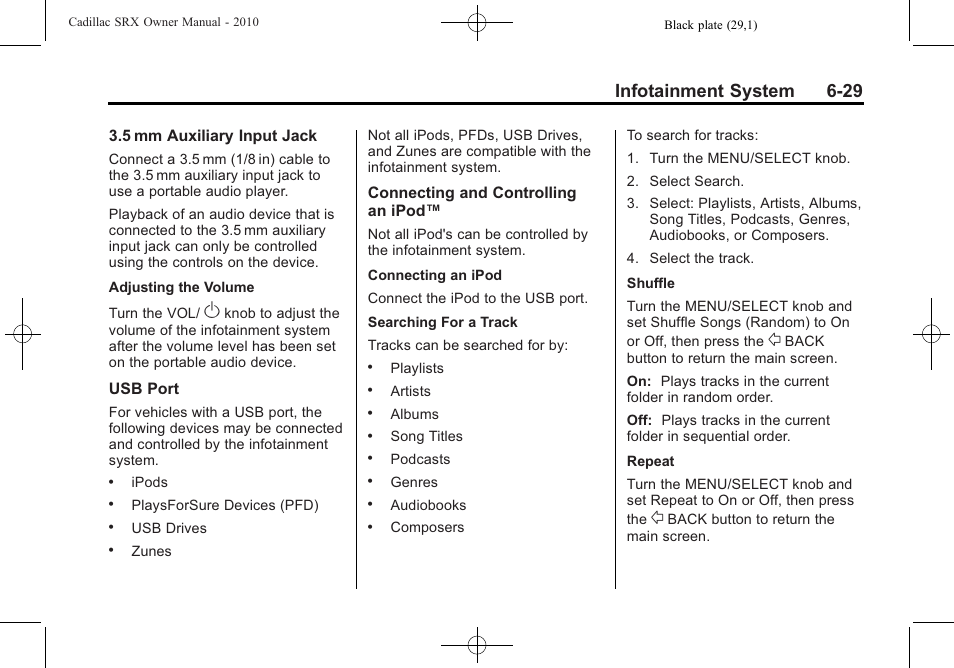 Infotainment system 6-29 | Cadillac 2010 SRX User Manual | Page 195 / 468