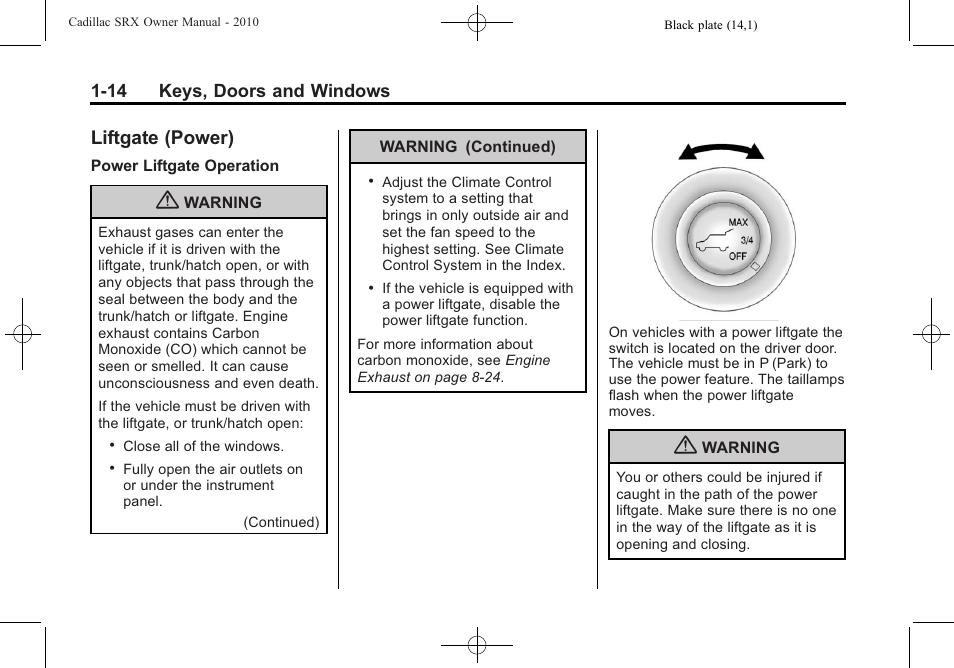 Liftgate (power), Liftgate (power) -14, Sunroof | Cadillac 2010 SRX User Manual | Page 20 / 468