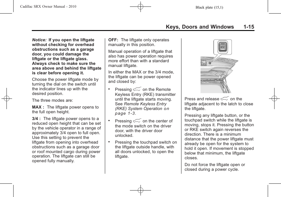 Keys, doors and windows 1-15 | Cadillac 2010 SRX User Manual | Page 21 / 468