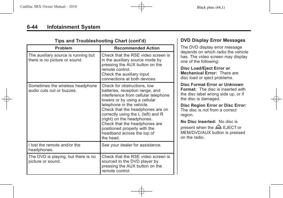 44 infotainment system | Cadillac 2010 SRX User Manual | Page 210 / 468