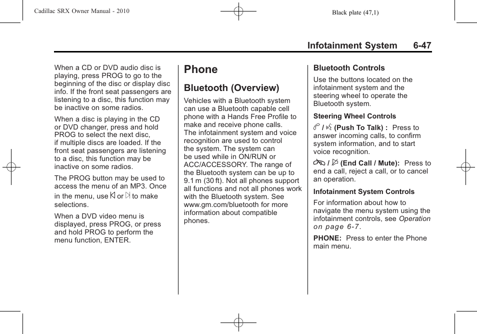 Phone, Bluetooth (overview), Bluetooth (overview ) -47 | Cadillac 2010 SRX User Manual | Page 213 / 468