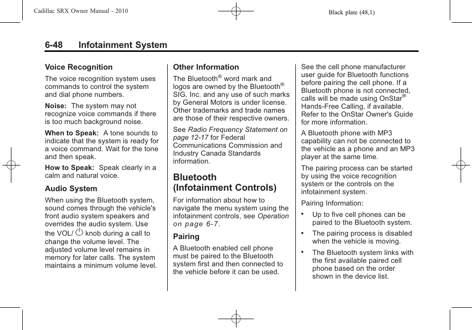 Bluetooth (infotainment controls), Bluetooth (infotainment, Controls ) -48 | 48 infotainment system | Cadillac 2010 SRX User Manual | Page 214 / 468