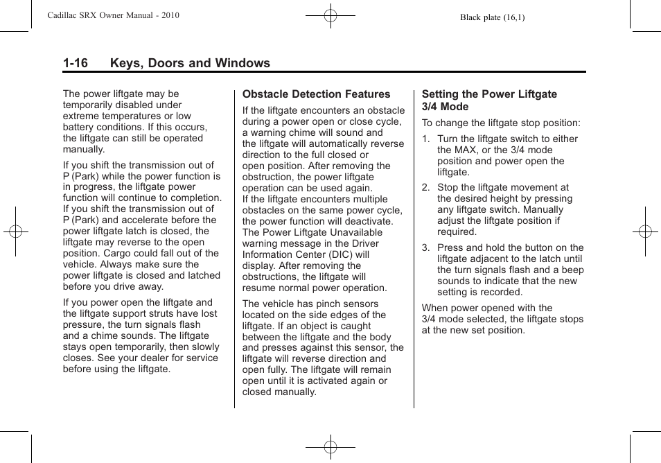 16 keys, doors and windows | Cadillac 2010 SRX User Manual | Page 22 / 468