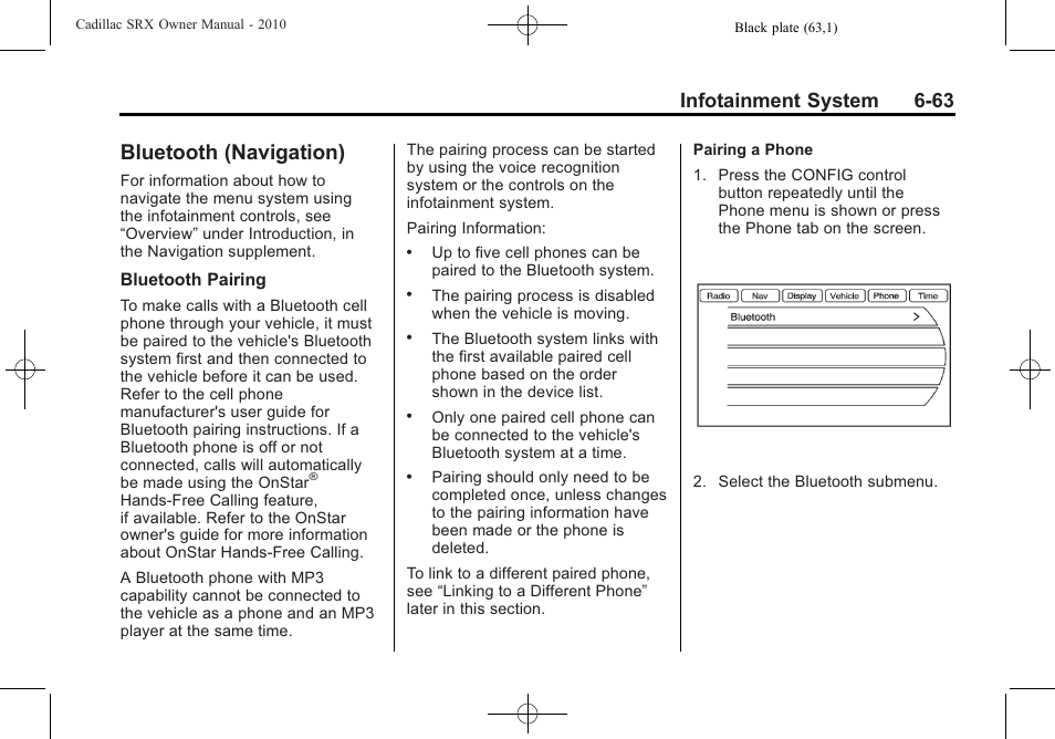 Bluetooth (navigation), Bluetooth (navigation) -63, Infotainment system 6-63 | Cadillac 2010 SRX User Manual | Page 229 / 468