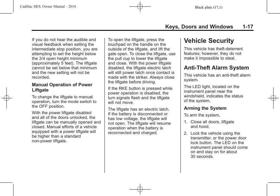 Vehicle security, Anti-theft alarm system, Vehicle security -17 | Warning lights, Vehicle security -17 anti-theft alarm system -17 | Cadillac 2010 SRX User Manual | Page 23 / 468