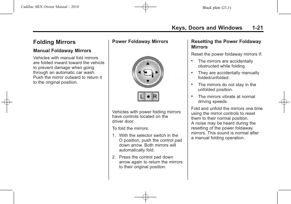 Folding mirrors, Folding mirrors -21, Keys, doors and windows 1-21 | Cadillac 2010 SRX User Manual | Page 27 / 468