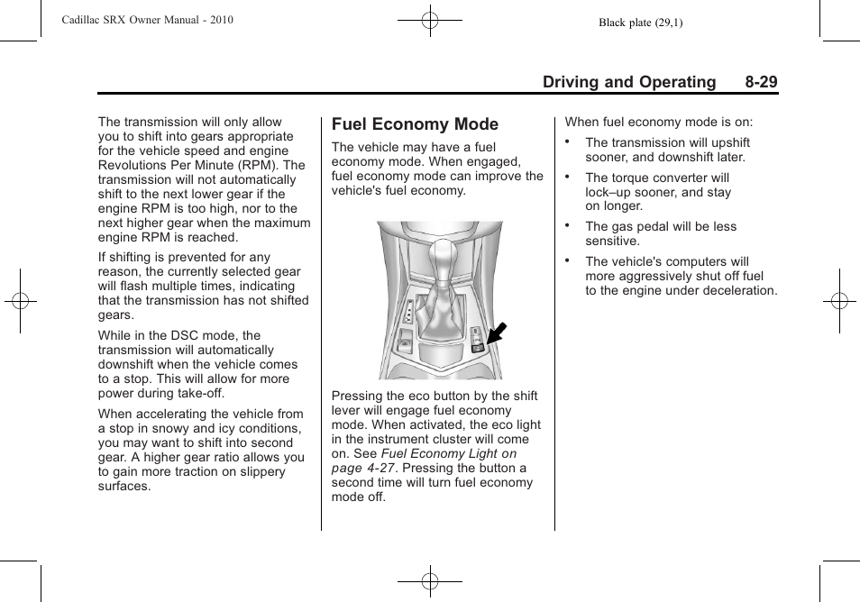 Fuel economy mode, Fuel economy mode -29, Driving and operating 8-29 | Cadillac 2010 SRX User Manual | Page 273 / 468