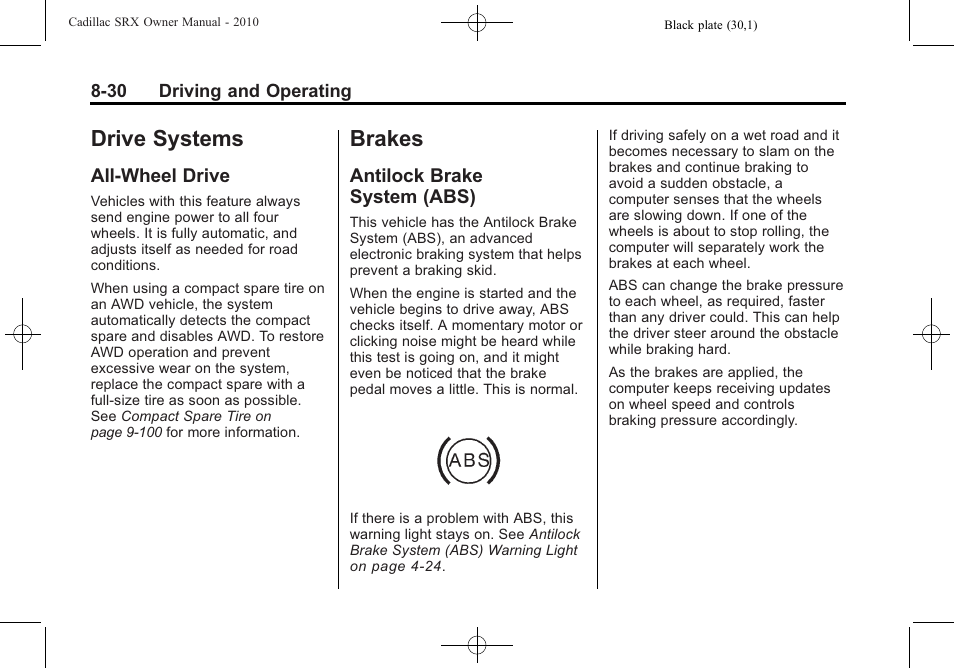 Drive systems, All-wheel drive, Brakes | Antilock brake system (abs), 30 brakes -30, Drive -30, Antilock brake, System (abs) -30 | Cadillac 2010 SRX User Manual | Page 274 / 468