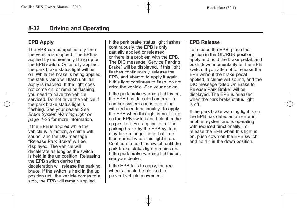 32 driving and operating | Cadillac 2010 SRX User Manual | Page 276 / 468