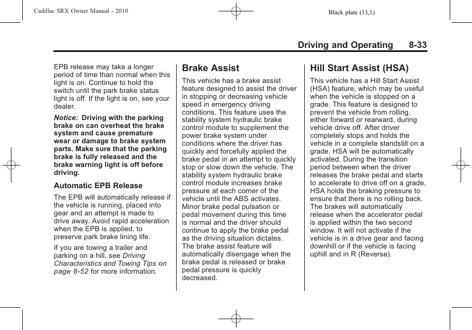 Brake assist, Hill start assist (hsa), Brake assist -33 hill start assist (hsa) -33 | Cadillac 2010 SRX User Manual | Page 277 / 468