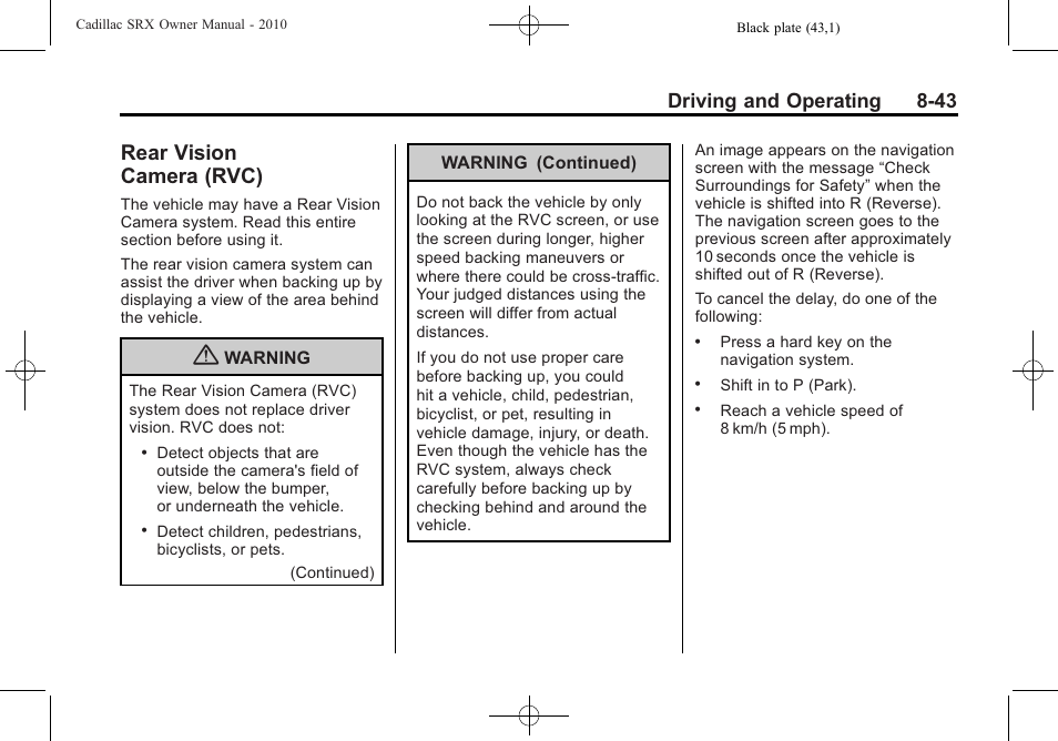 Rear vision camera (rvc), Rear vision, Camera (rvc) -43 | Driving and operating 8-43 | Cadillac 2010 SRX User Manual | Page 287 / 468