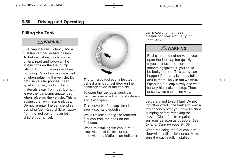 Filling the tank, Filling the tank -50 | Cadillac 2010 SRX User Manual | Page 294 / 468