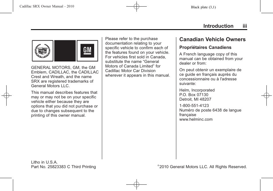 Introduction, Canadian vehicle owners, Introduction iii | Cadillac 2010 SRX User Manual | Page 3 / 468