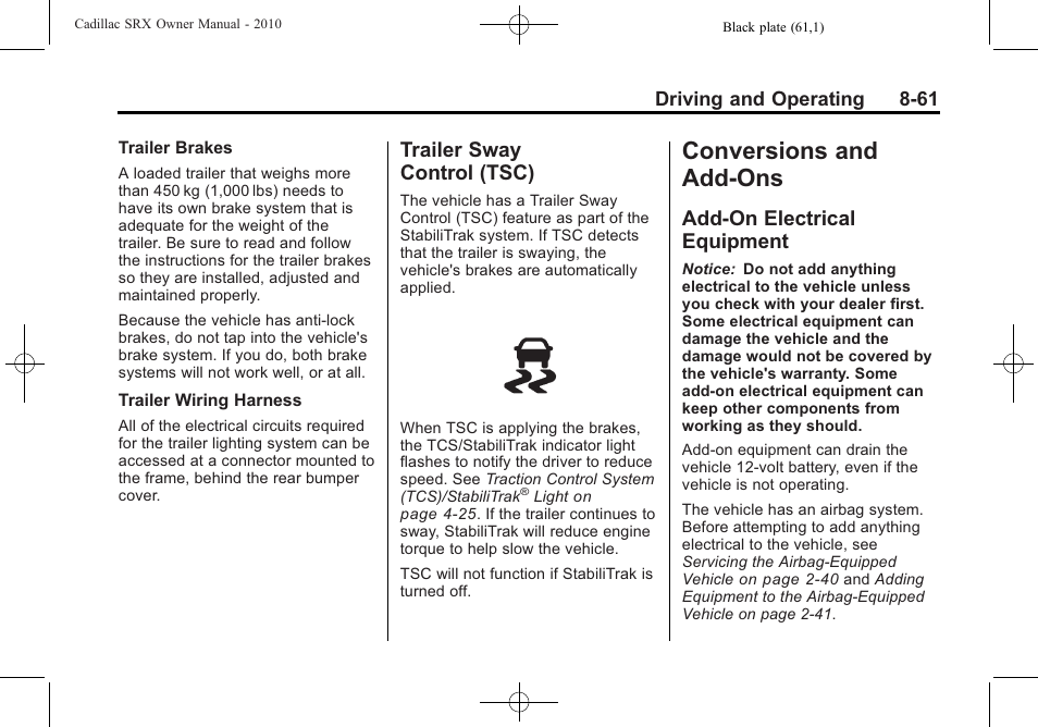 Trailer sway control (tsc), Conversions and add-ons, Add-on electrical equipment | Trailer sway, Control (tsc) -61, Add-on electrical, Equipment -61 | Cadillac 2010 SRX User Manual | Page 305 / 468