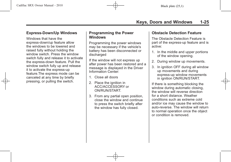 Keys, doors and windows 1-25 | Cadillac 2010 SRX User Manual | Page 31 / 468