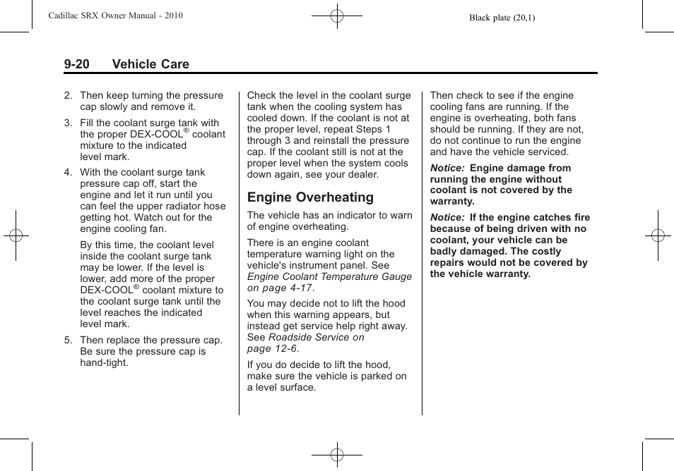 Engine overheating, Engine overheating -20, 20 vehicle care | Cadillac 2010 SRX User Manual | Page 326 / 468