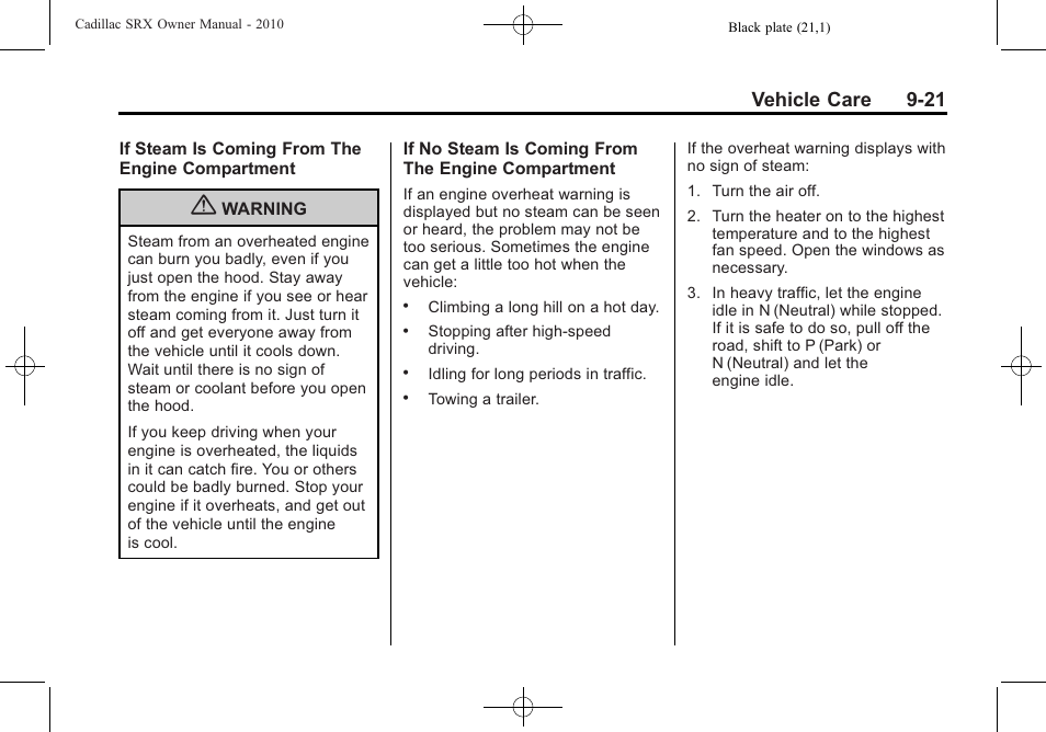 Vehicle care 9-21 | Cadillac 2010 SRX User Manual | Page 327 / 468