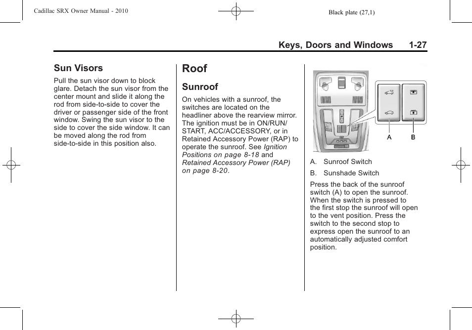 Sun visors, Roof, Sunroof | Roof -27, Vehicle, Sun visors -27 | Cadillac 2010 SRX User Manual | Page 33 / 468