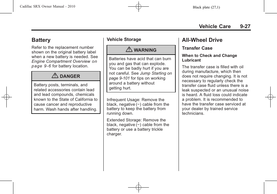 Battery, All-wheel drive, Battery -27 all-wheel drive -27 | Cadillac 2010 SRX User Manual | Page 333 / 468