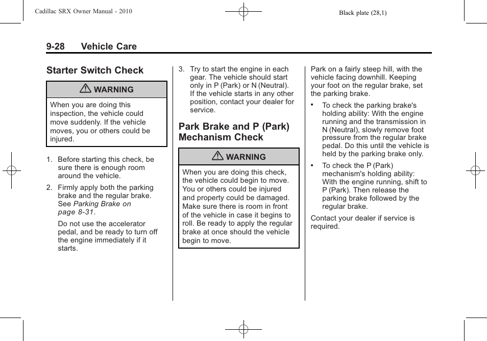 Starter switch check, Park brake and p (park) mechanism check, Starter switch check -28 park brake and p (park) | Mechanism check -28 | Cadillac 2010 SRX User Manual | Page 334 / 468