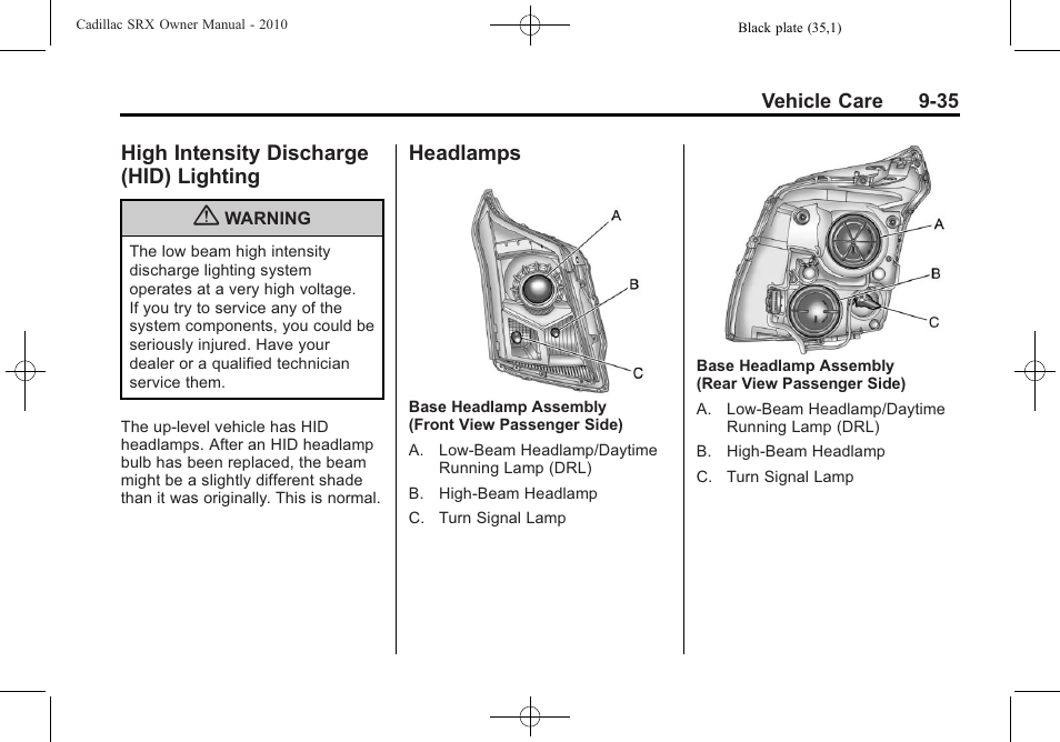 High intensity discharge (hid) lighting, Headlamps, High intensity discharge (hid) | Lighting -35, Headlamps -35, System | Cadillac 2010 SRX User Manual | Page 341 / 468