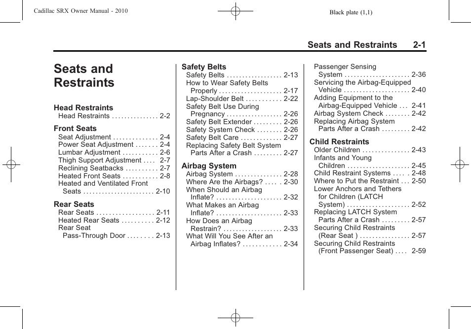 Seats and restraints, Seats and restraints -1, Seats and restraints 2-1 | Cadillac 2010 SRX User Manual | Page 35 / 468