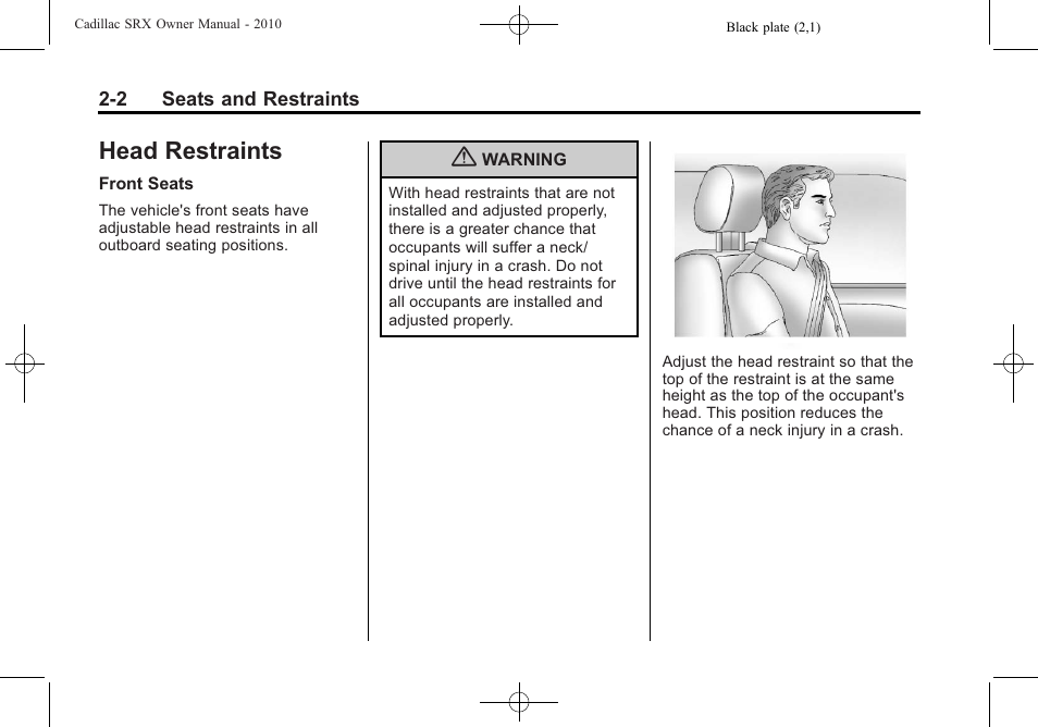 Head restraints, Head restraints -2, Pregnancy | Cadillac 2010 SRX User Manual | Page 36 / 468