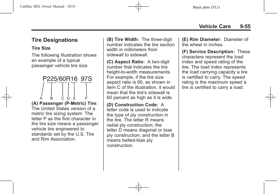 Tire designations, Tire designations -55 | Cadillac 2010 SRX User Manual | Page 361 / 468