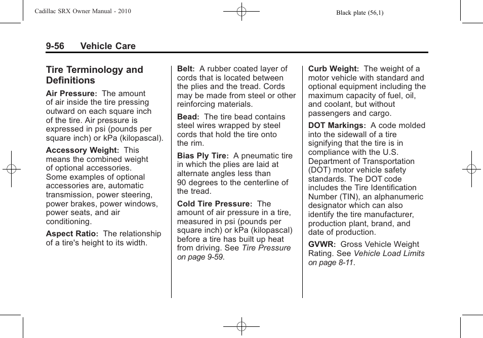 Tire terminology and definitions, Tire terminology and, Definitions -56 | Cadillac 2010 SRX User Manual | Page 362 / 468