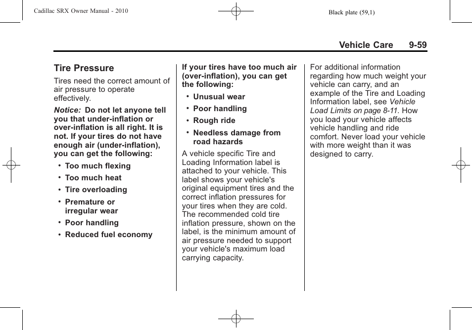 Tire pressure, Tire pressure -59, Vehicle care 9-59 | Cadillac 2010 SRX User Manual | Page 365 / 468