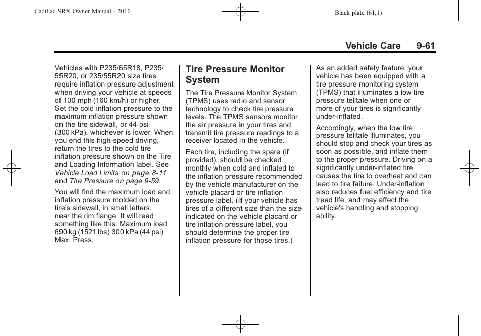 Tire pressure monitor system, Tire pressure monitor | Cadillac 2010 SRX User Manual | Page 367 / 468