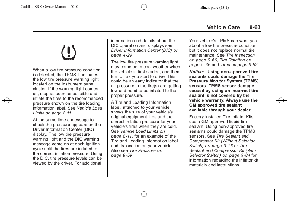 Vehicle care 9-63 | Cadillac 2010 SRX User Manual | Page 369 / 468