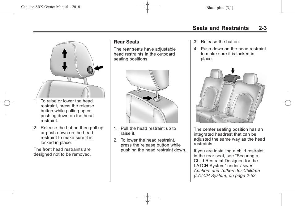 Seats and restraints 2-3 | Cadillac 2010 SRX User Manual | Page 37 / 468