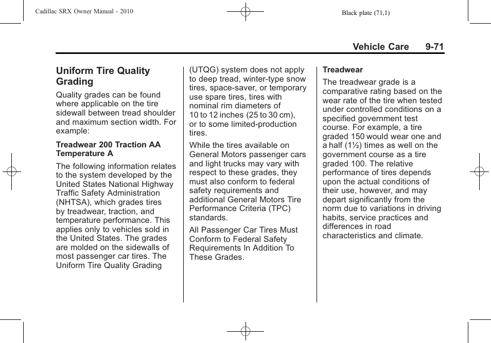 Uniform tire quality grading, Uniform tire quality, Grading -71 | Cadillac 2010 SRX User Manual | Page 377 / 468