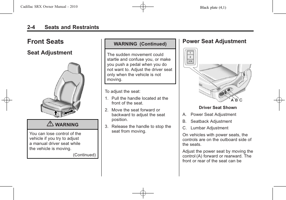 Front seats, Seat adjustment, Power seat adjustment | Front seats -4, Lighting, Seat adjustment -4 power seat adjustment -4 | Cadillac 2010 SRX User Manual | Page 38 / 468
