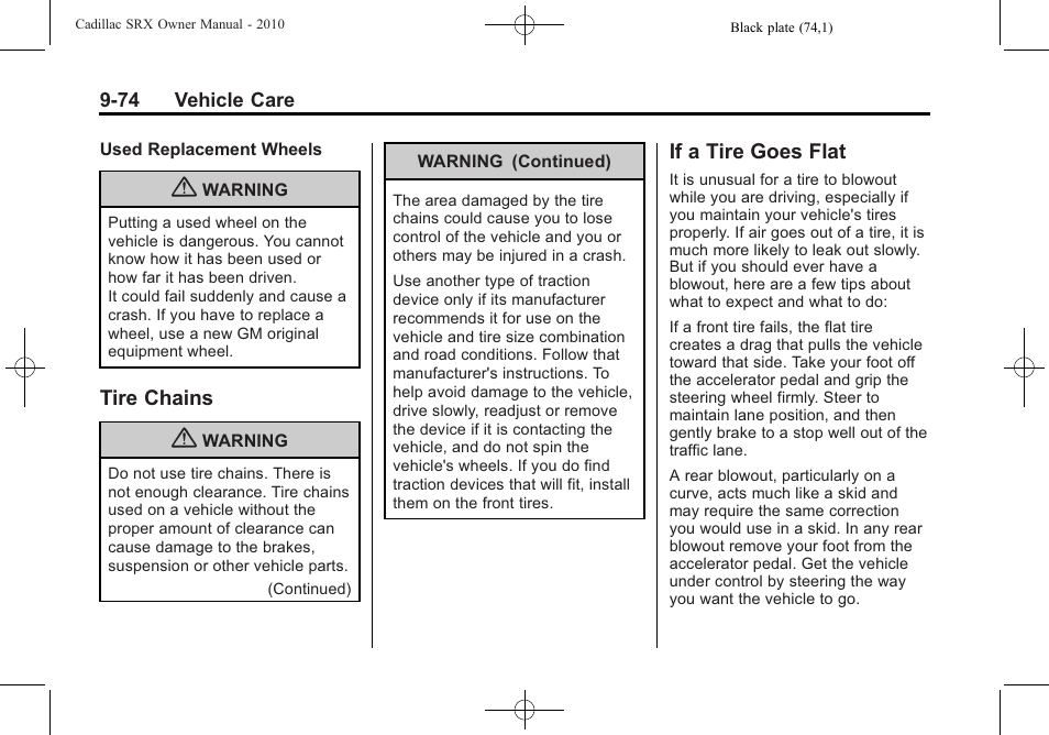 Tire chains, If a tire goes flat, Tire chains -74 if a tire goes flat -74 | Cadillac 2010 SRX User Manual | Page 380 / 468