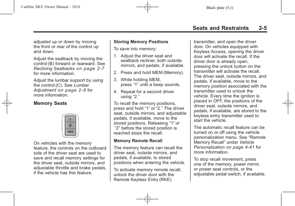Seats and restraints 2-5 | Cadillac 2010 SRX User Manual | Page 39 / 468