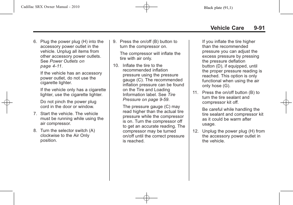 Vehicle care 9-91 | Cadillac 2010 SRX User Manual | Page 397 / 468