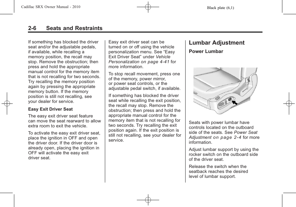 Lumbar adjustment, Lumbar adjustment -6 | Cadillac 2010 SRX User Manual | Page 40 / 468