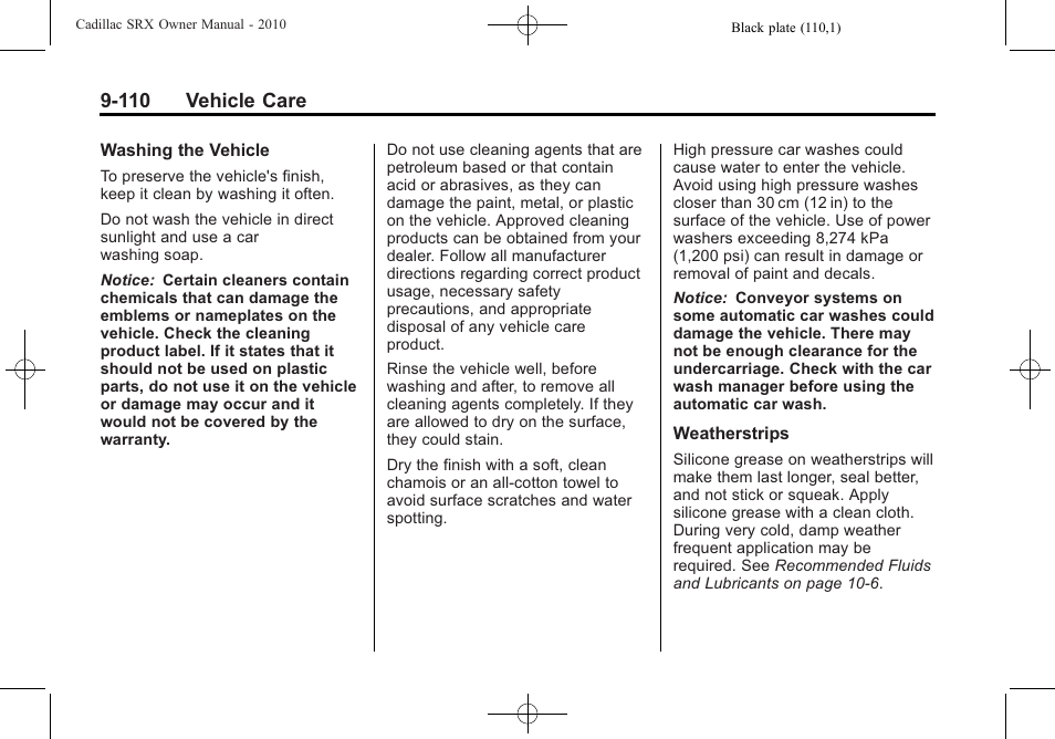 110 vehicle care | Cadillac 2010 SRX User Manual | Page 416 / 468