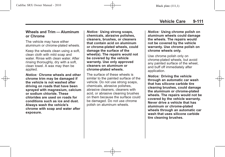 Vehicle care 9-111 | Cadillac 2010 SRX User Manual | Page 417 / 468