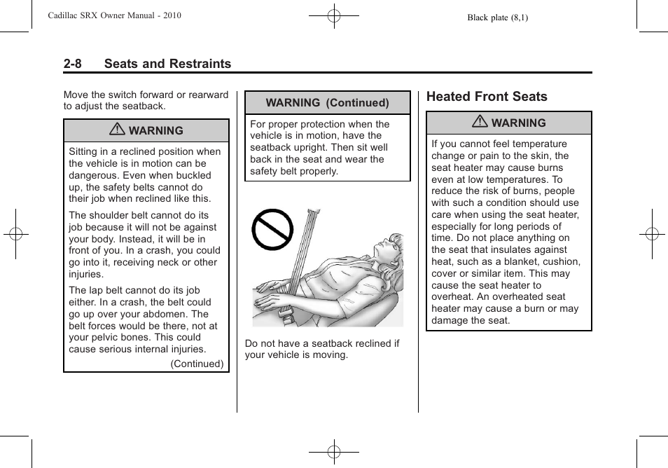 Heated front seats, Heated front seats -8 | Cadillac 2010 SRX User Manual | Page 42 / 468