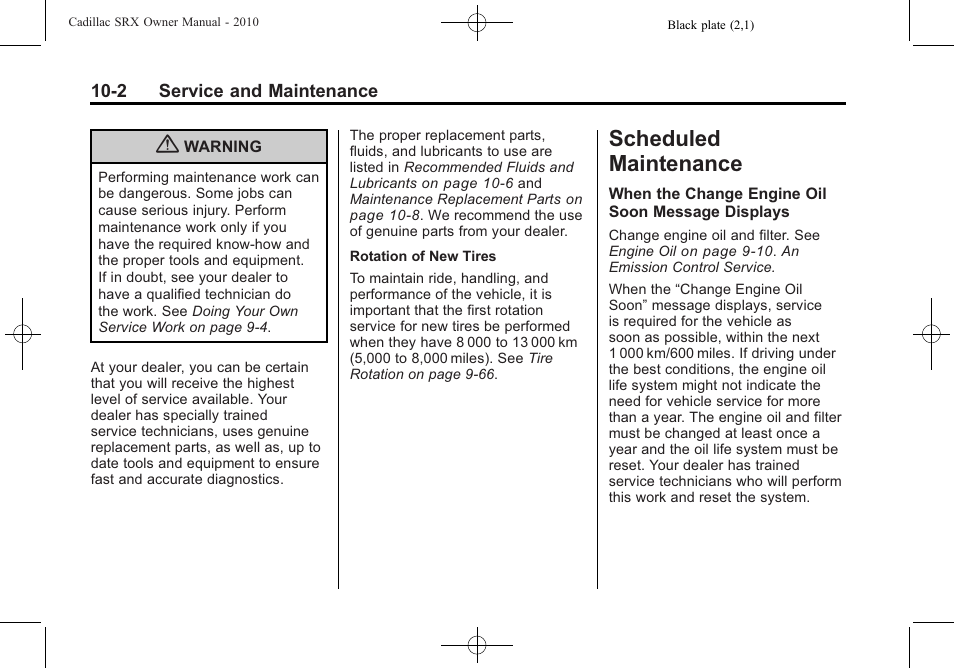 Scheduled maintenance, Scheduled maintenance -2, Maintenance | Cadillac 2010 SRX User Manual | Page 424 / 468