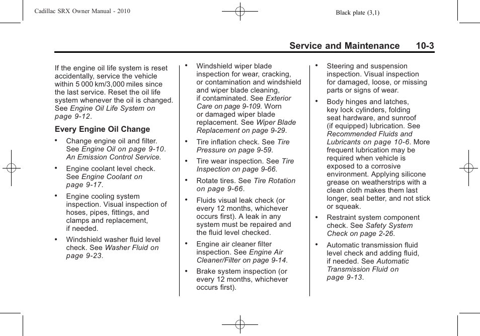 Service and maintenance 10-3 | Cadillac 2010 SRX User Manual | Page 425 / 468